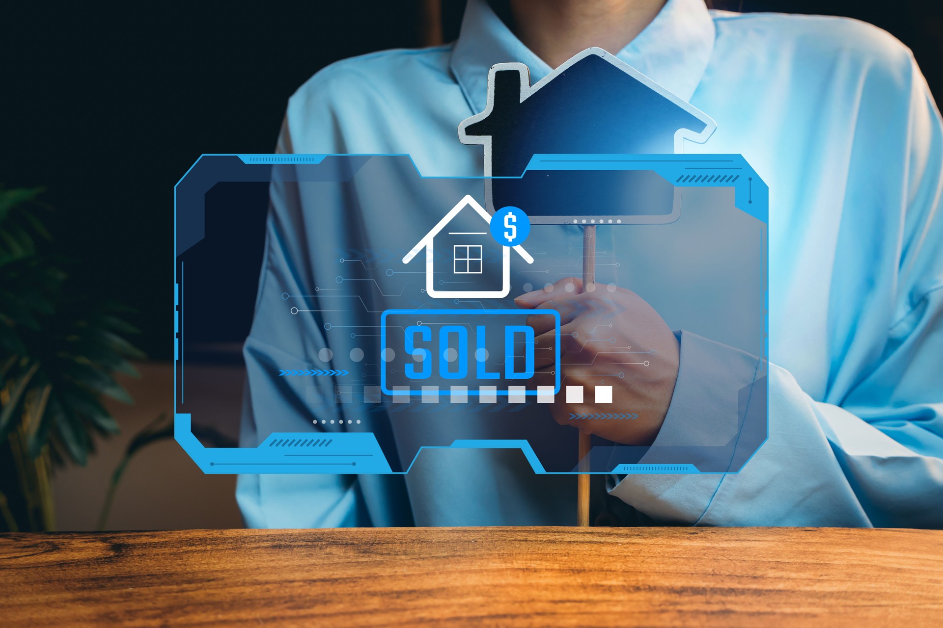 Real Estate Concept with Digital Overlay Illustrating a Sold Property and Negotiation Process for Buyers and Sellers