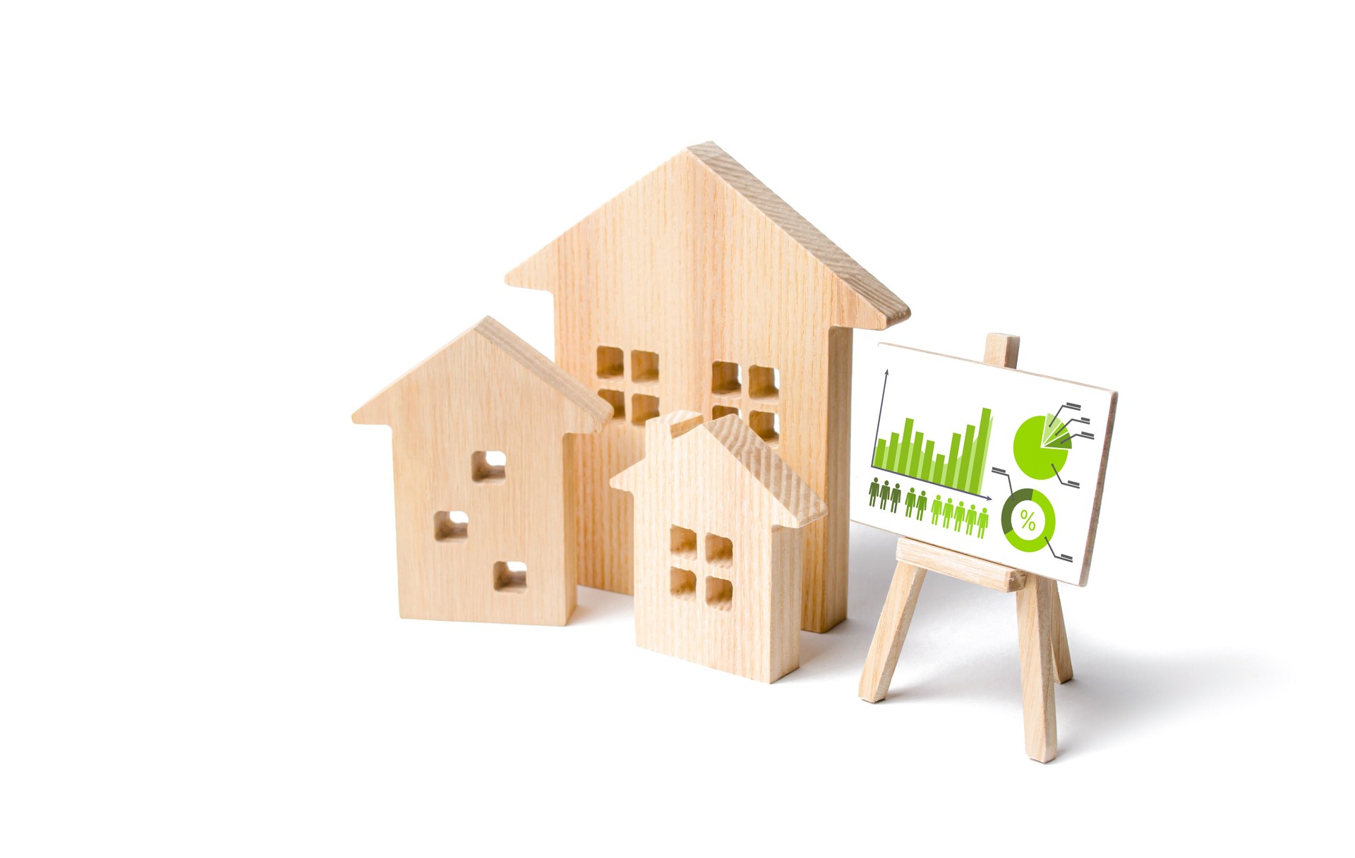 Houses and an easel with statistics. Review of real estate prices. Needs and consumption. Efficiency on saving on energy resources Optimization. Utilities cost. Optimization. Demography